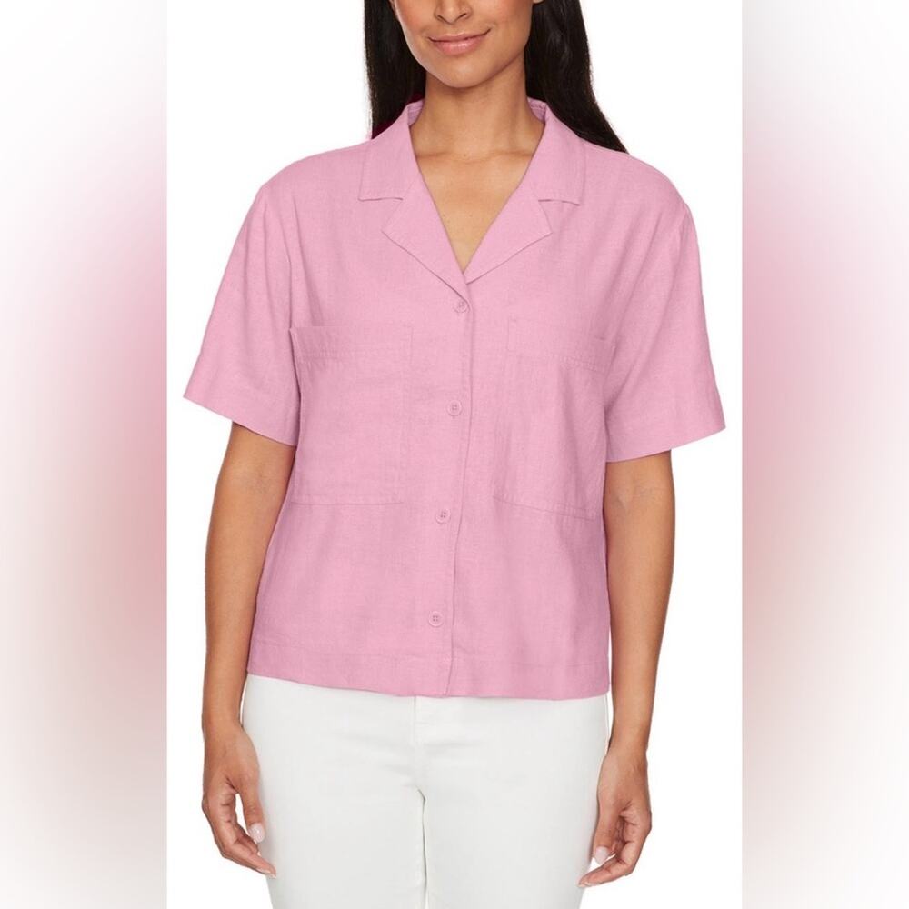New Buffalo David Bitton Women's Linen Blend Utility Button Front Shirt,Pink,S